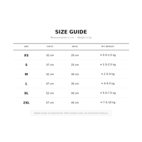A size guide chart showing measurements in centimeters and weight in kilograms for pet clothing sizes XS through 2XL, with chest, back, and pet weight columns on a white background.
